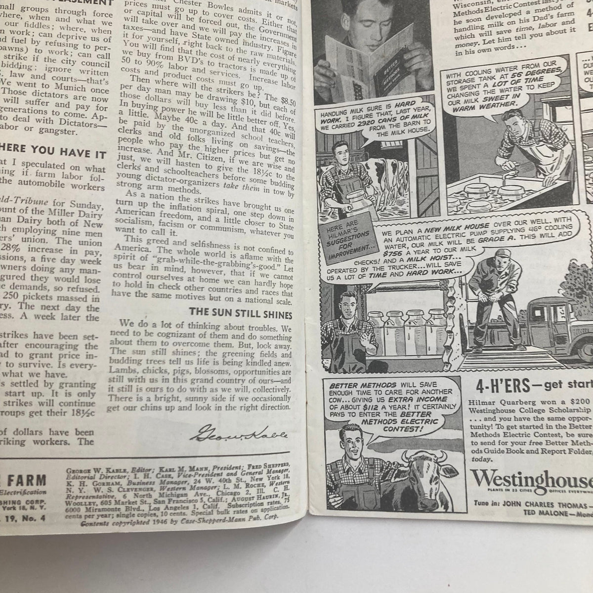 Inside page of VTG Electricity on the Farm Magazine April 1946, showcasing an article titled 'The Sun Still Shines' along with illustrations related to farm electrification.