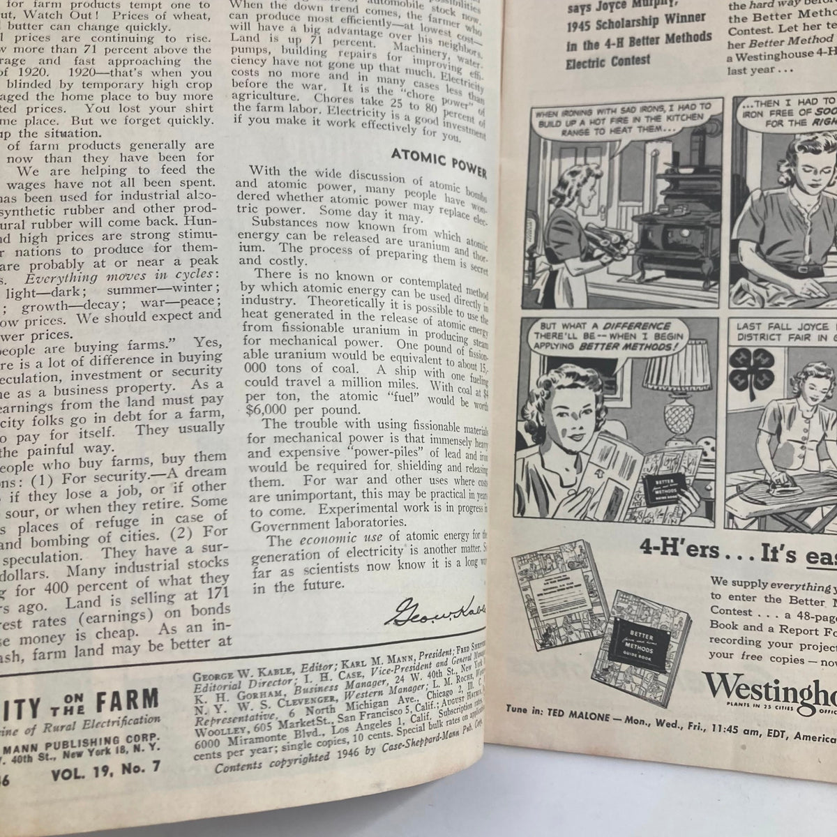 Interior pages of VTG Electricity on the Farm Magazine August 1946, discussing atomic power and its implications for agriculture, with illustrations and editorial content.