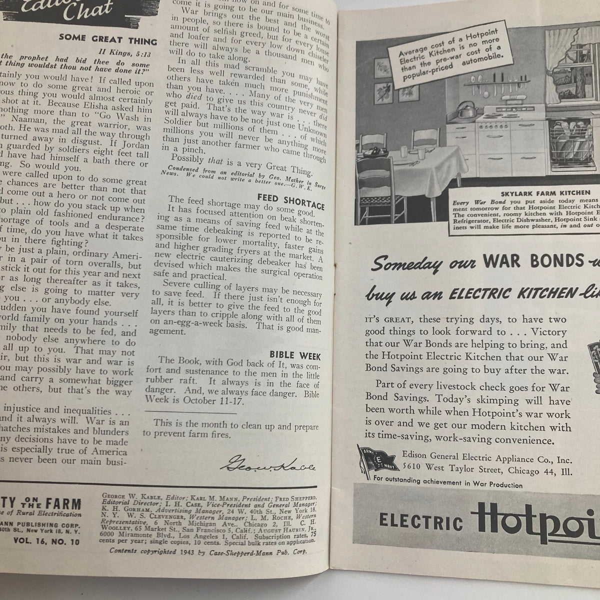 An interior page of the VTG Electricity on the Farm Magazine from October 1943, featuring articles discussing agricultural practices and food management during wartime, along with advertisements for electric kitchen appliances.