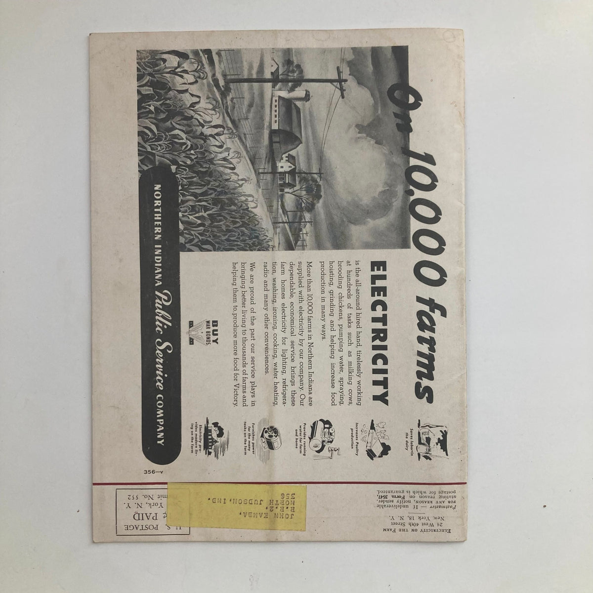 Back cover of VTG Electricity on the Farm Magazine October 1943 featuring an illustration and advertisement for Northern Indiana Public Service Company, highlighting the role of electricity on farms.