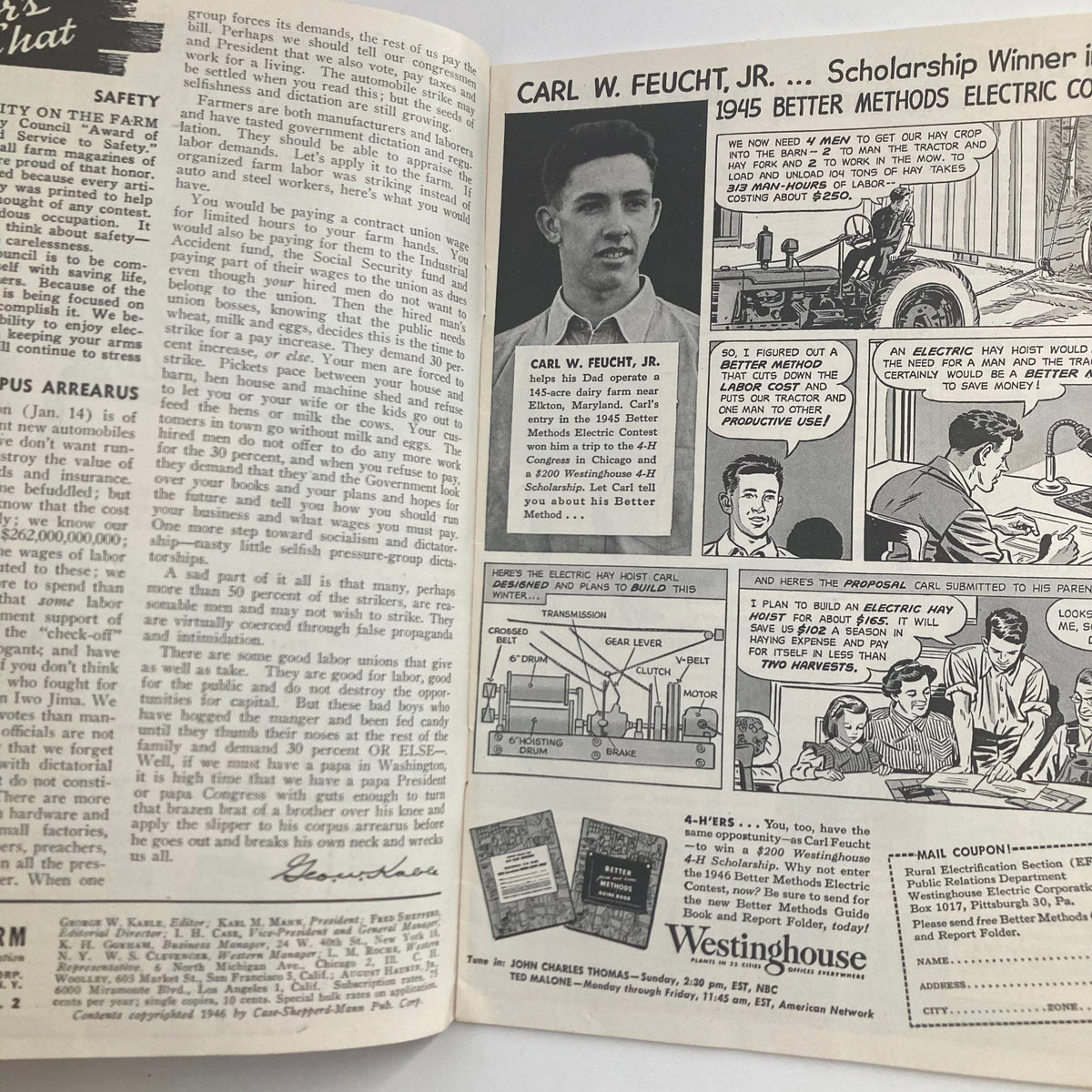 Interior page of VTG Electricity on the Farm Magazine February 1946 showcasing a profile of scholarship winner Carl W. Feucht, Jr. and discussions about electric farming equipment.