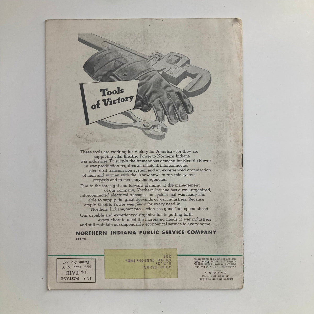 Back cover of VTG Electricity on the Farm Magazine May 1943, featuring a promotional graphic about electric tools for victory in America.