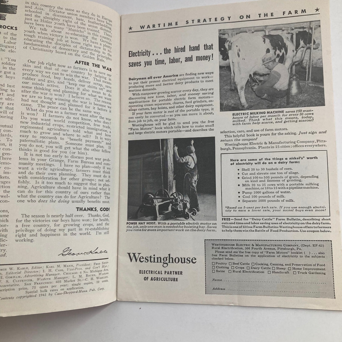 Interior page of VTG Electricity on the Farm Magazine from June 1943, discussing wartime strategies for farm efficiency and showcasing electric dairy equipment.