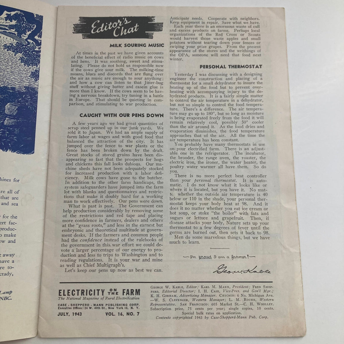 Editorial page from VTG Electricity on the Farm Magazine July 1943 discussing milk sourcing music and personal thermostats in agricultural practices.