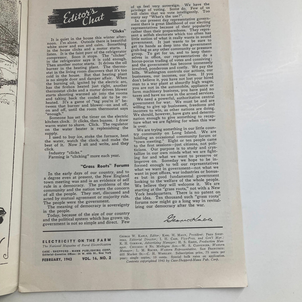 Inside page of VTG Electricity on the Farm Magazine February 1943 showcasing the Editor's Chat section discussing advancements in rural electrification and thoughts on community democracy.