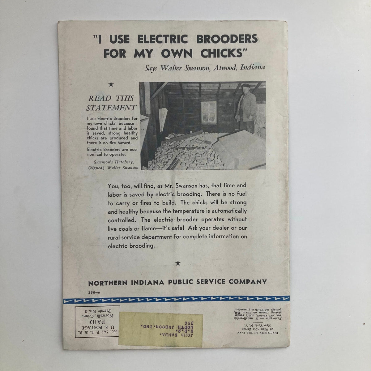 Back cover of VTG Electricity on the Farm Magazine February 1943 featuring a testimonial about the benefits of electric brooders for raising chicks, emphasizing safety and efficiency.