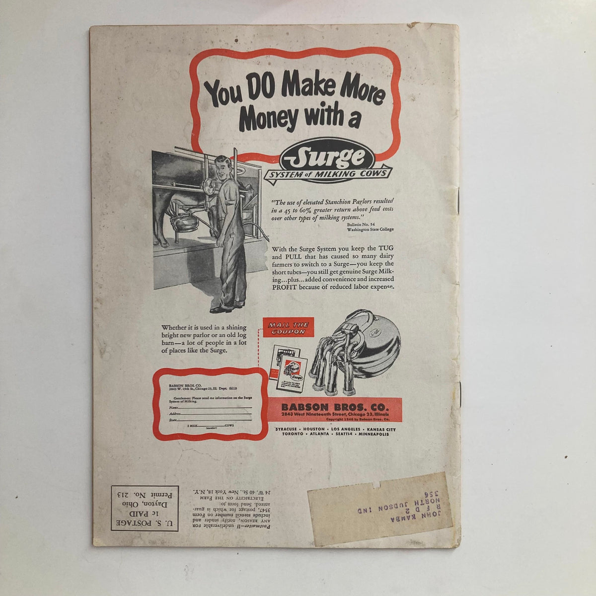 Back cover of VTG Electricity on the Farm Magazine December 1948 featuring a vintage advertisement for the Surge System of Milking Cows.