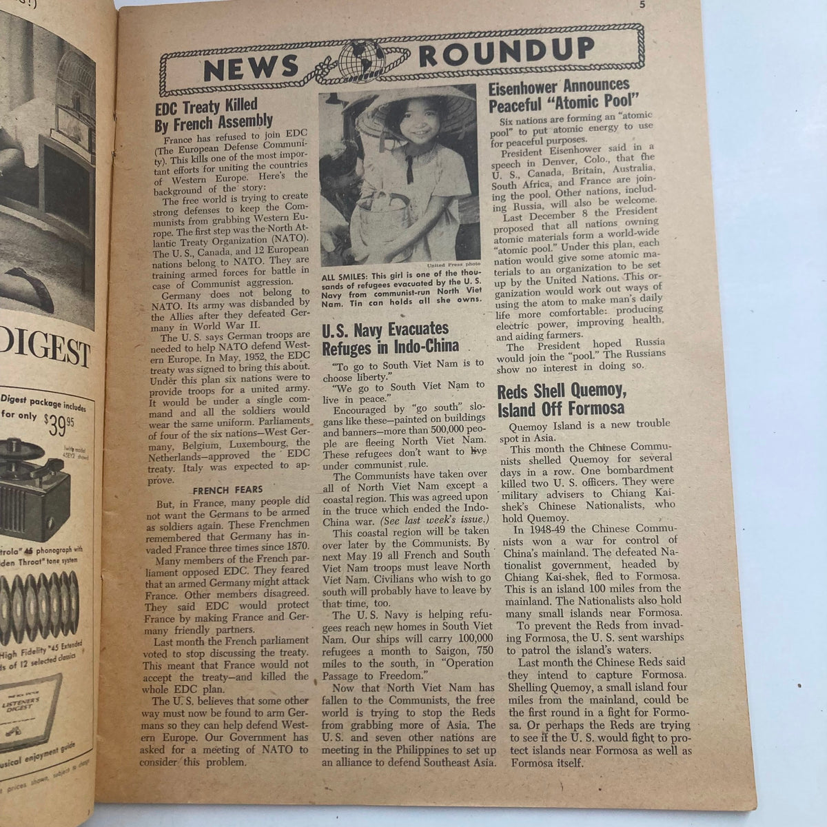 Interior page of Junior Scholastic Magazine from September 22, 1954, displaying the News Roundup section with historical articles and illustrations.