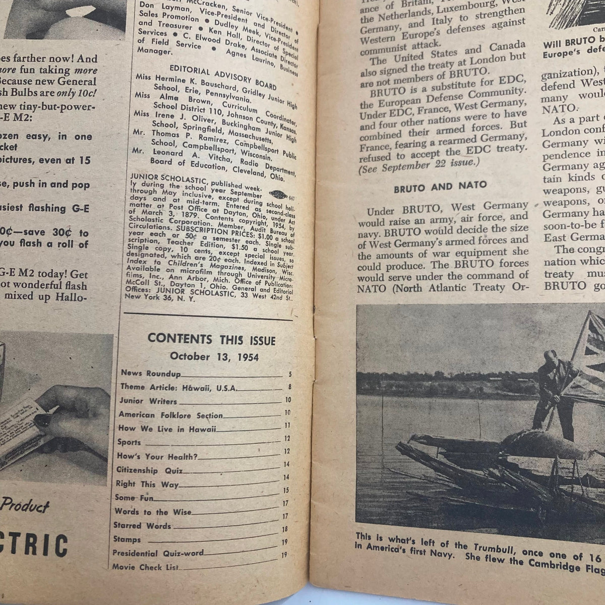 Contents page from Junior Scholastic Magazine October 13, 1954, listing topics including American Folklore, sports, and educational sections.