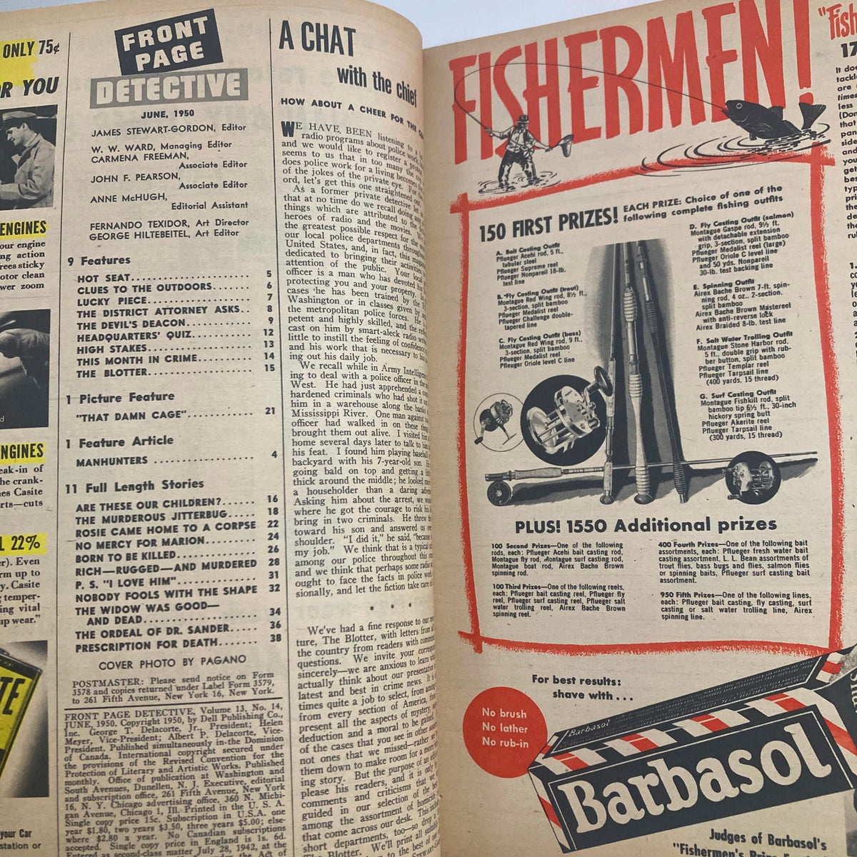 Inside page of Front Page Detective Magazine from June 1950, showcasing the table of contents and an advertisement for fishing equipment.