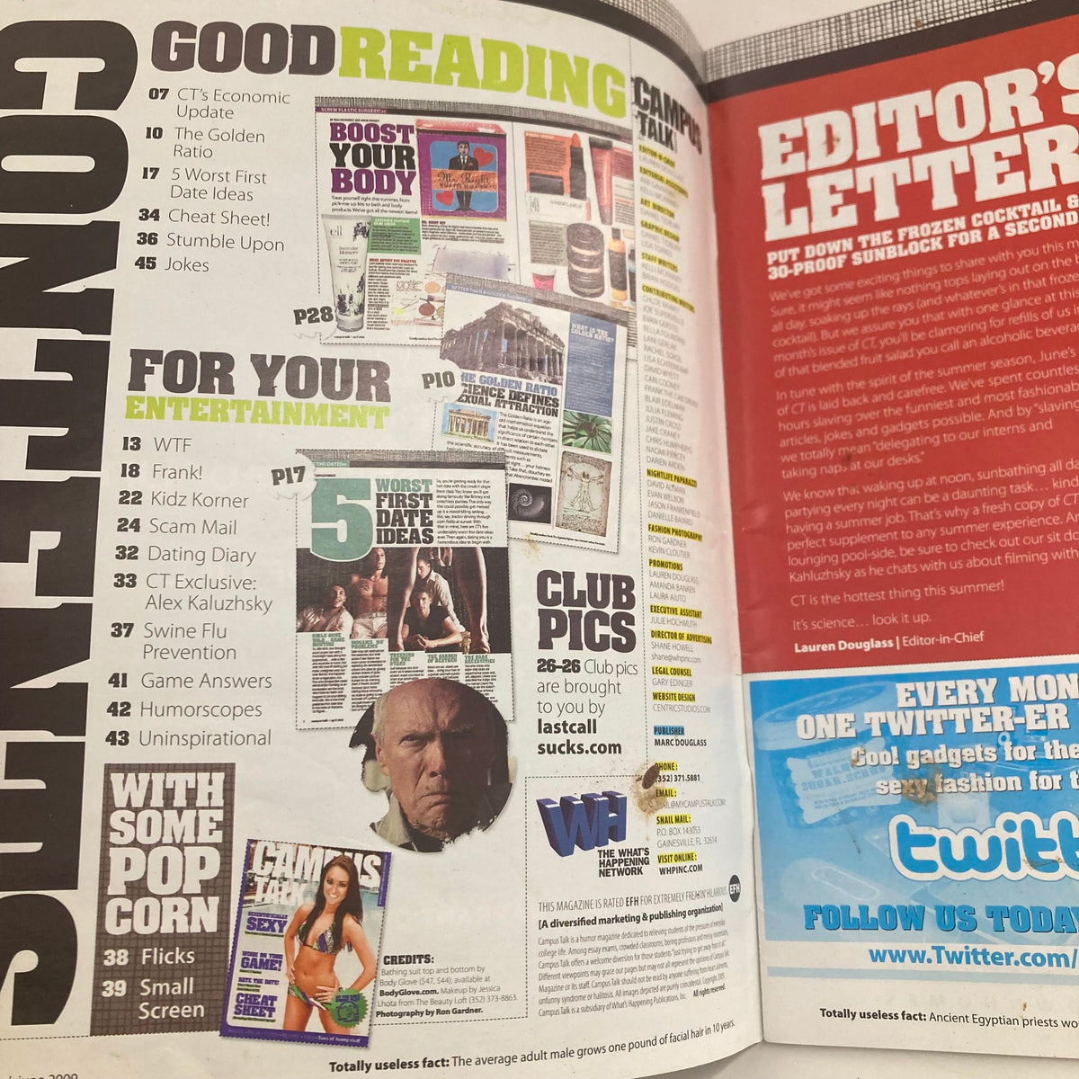 Interior page of Campus Talk Humor Magazine Summer 2009 showcasing articles including game ideas and humor, reflecting on college life and entertainment.