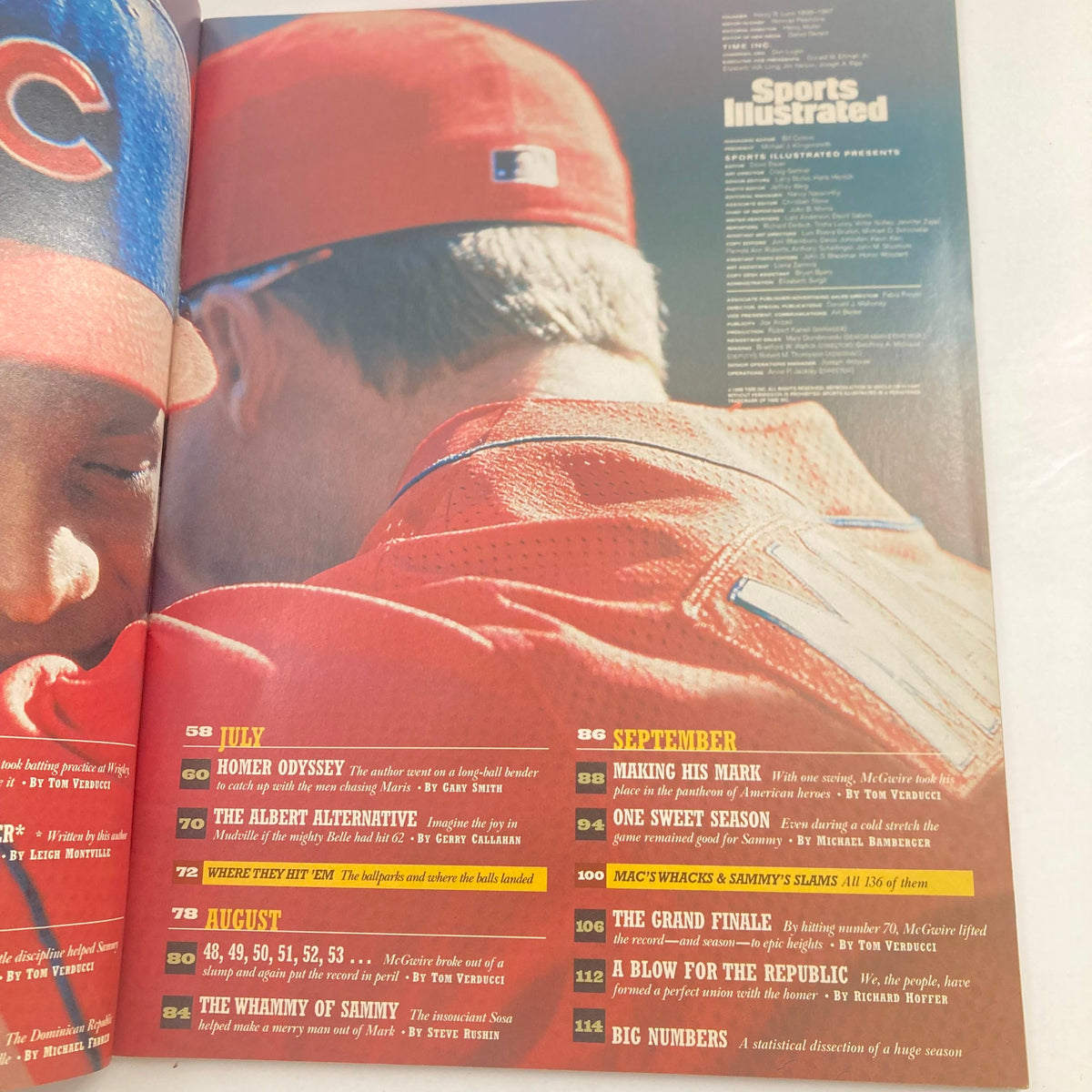 Inside spread of Sports Illustrated Magazine dated October 7, 1998, highlighting content related to baseball legends Mark McGwire and Sammy Sosa. This vintage issue includes notable articles and statistics from their historic home run race.