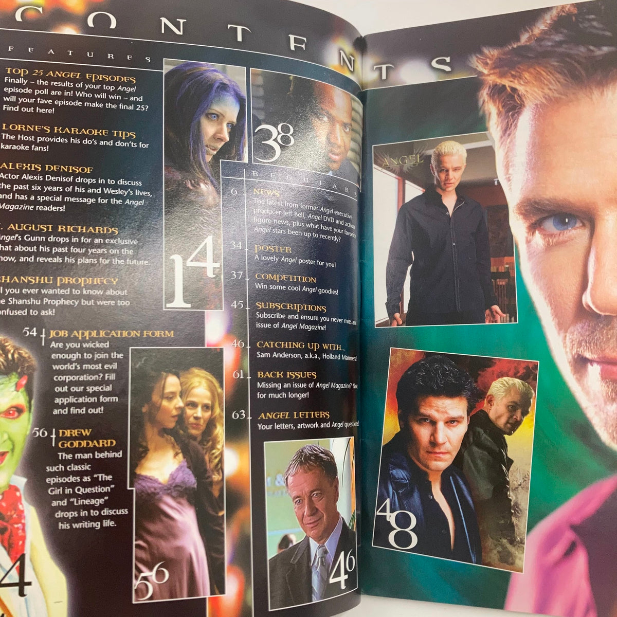 Contents page of Angel Magazine March 2005 #8 showcasing features including the top 25 Angel episodes, character insights, and actor interviews with David Boreanaz and Alexis Denisof.