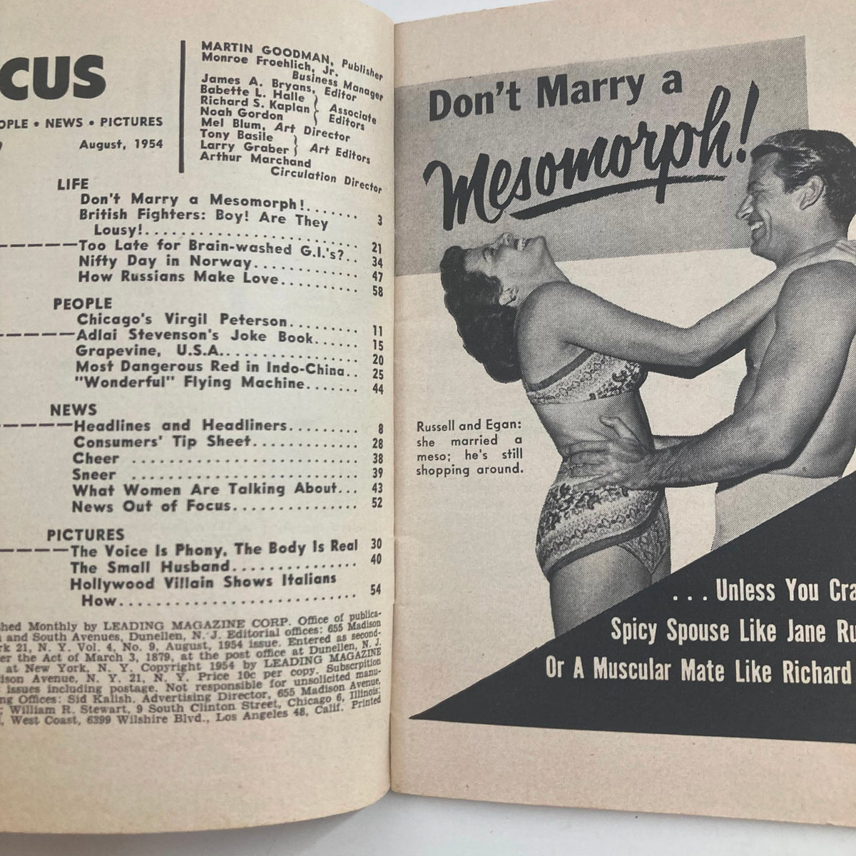 Inside spread of VTG Focus Magazine August 1954 featuring an article titled 'How Russians Make Love' alongside humor and relationship advice, highlighting the magazine's cultural relevance.