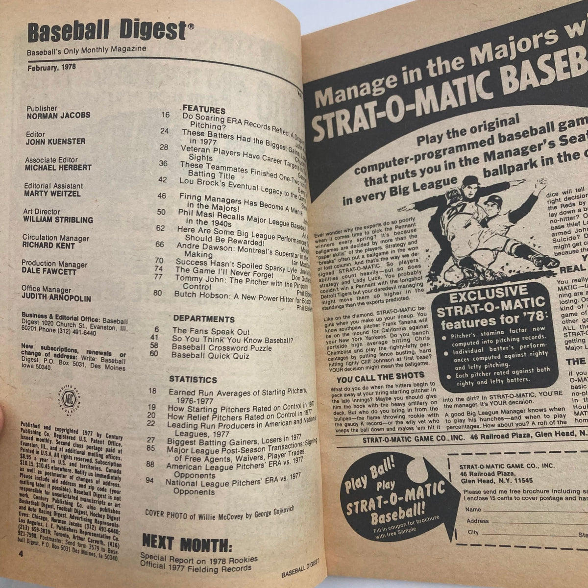Interior page from the February 1978 issue of Baseball Digest, showcasing articles and features related to baseball statistics and player performance.