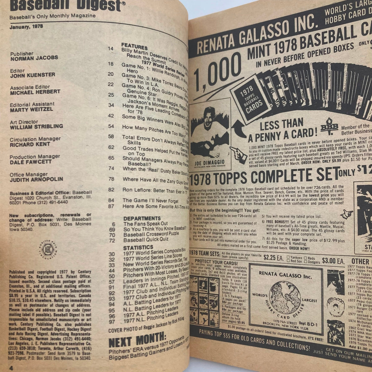 Inside view of the VTG Baseball Digest Magazine January 1978, displaying articles and features including information about Reggie Jackson, showcasing its historical significance in baseball memorabilia.