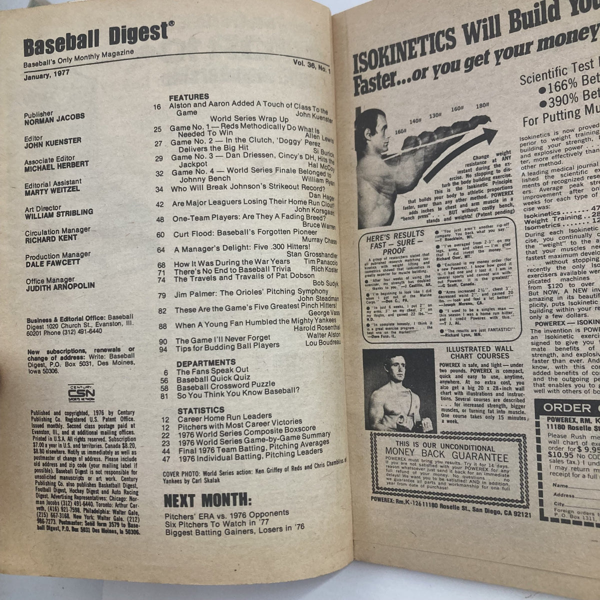 Inside page of the January 1977 VTG Baseball Digest Magazine, showcasing articles and statistics relevant to baseball, along with features about the World Series, player statistics, and upcoming highlights.