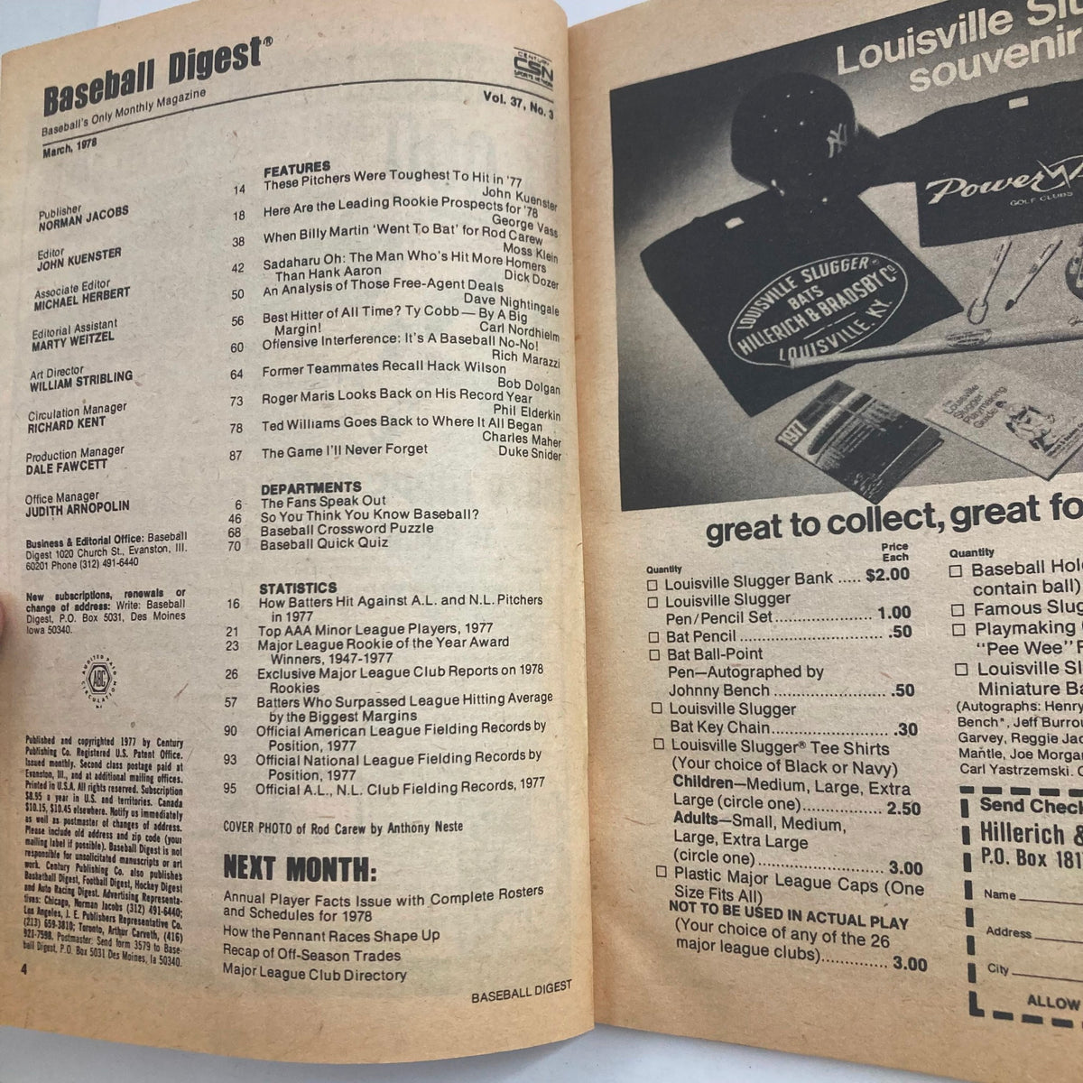 Interior page of VTG Baseball Digest Magazine March 1978 showcasing contents, including articles on top rookies and baseball statistics.