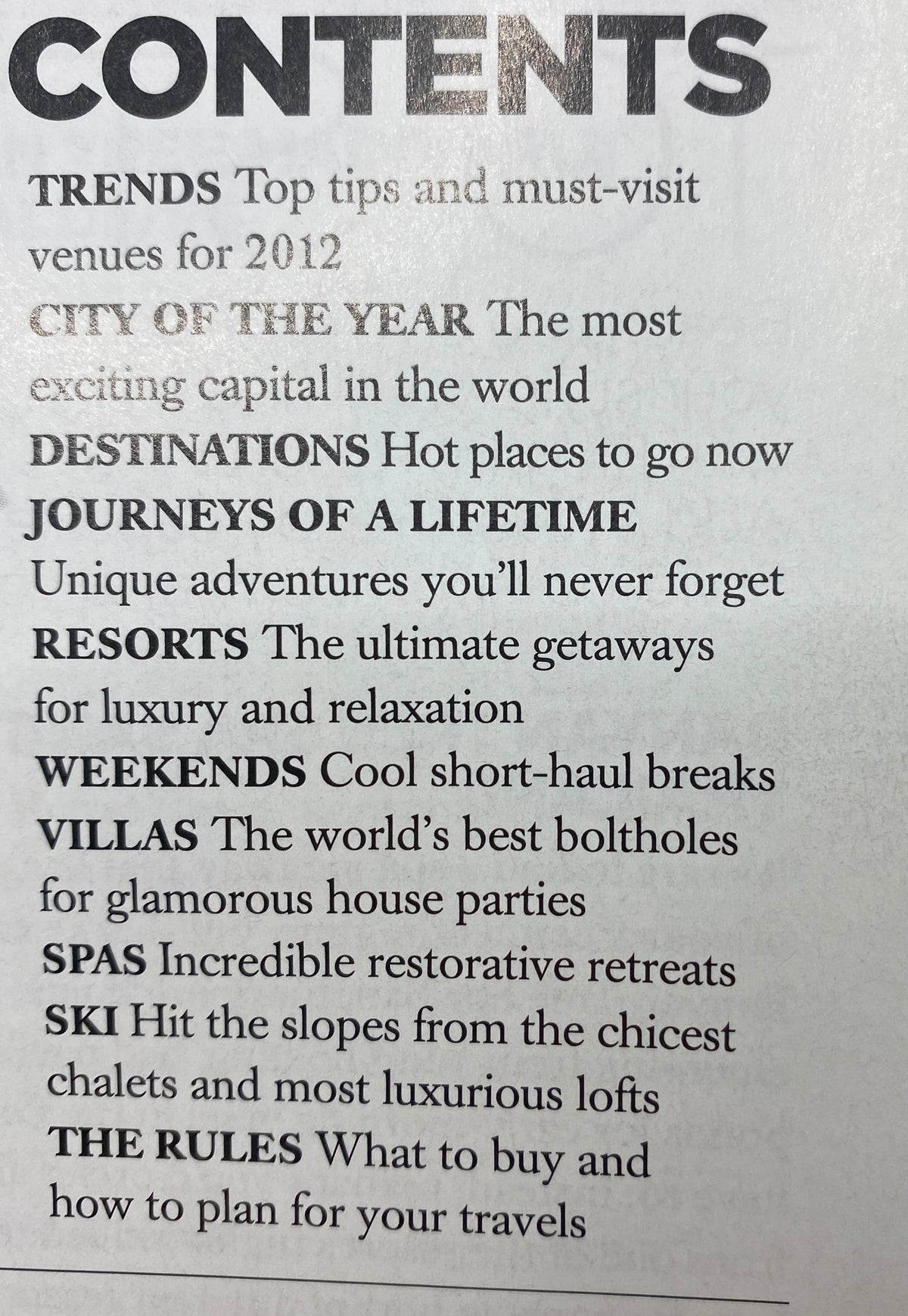 Contents page of Harper's Bazaar Magazine January 2012 highlighting travel trends, top tips for 2012, and must-visit destinations.