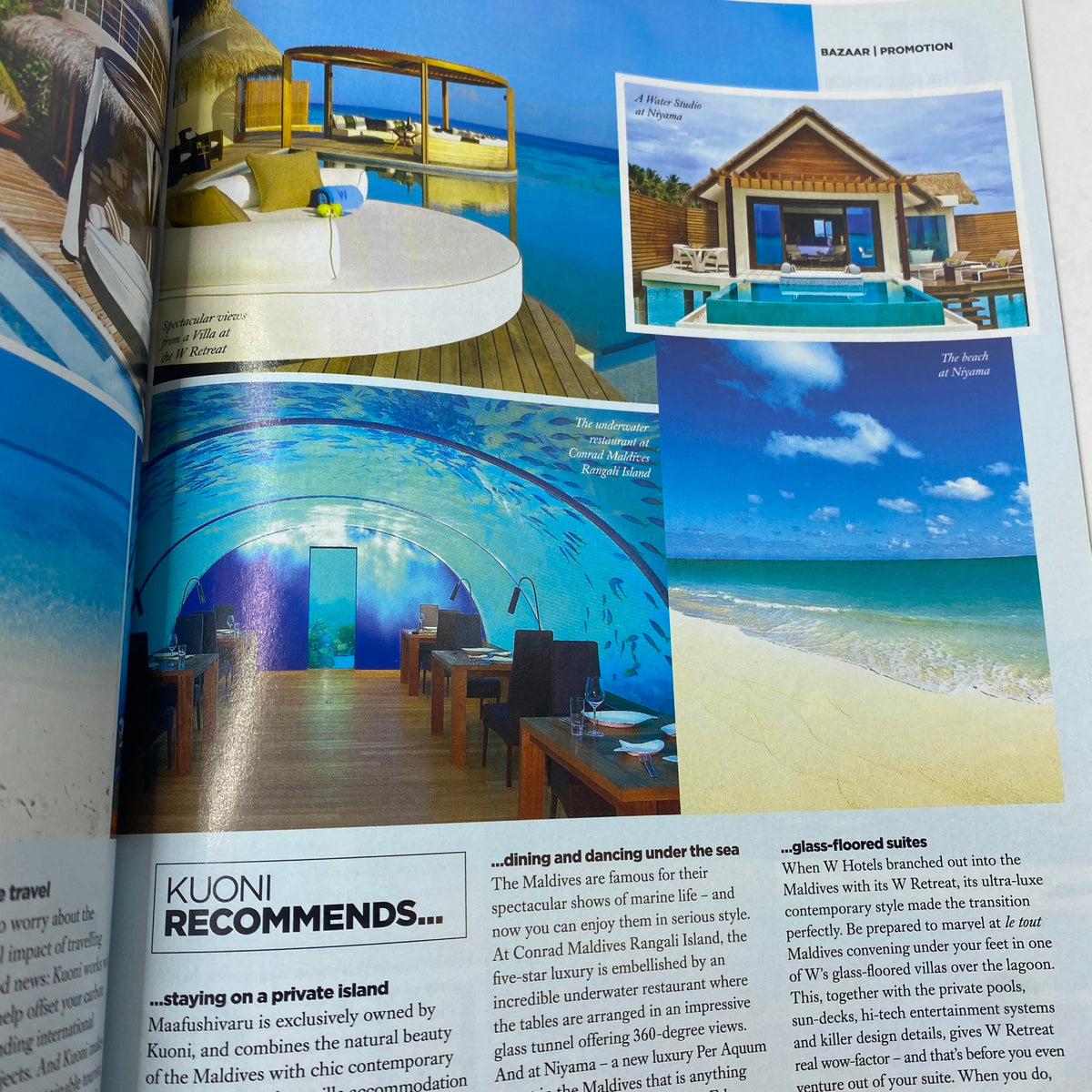 Interior layout from Harper's Bazaar Magazine January 2012 showcasing luxurious travel recommendations in the Maldives and stunning coastal views.