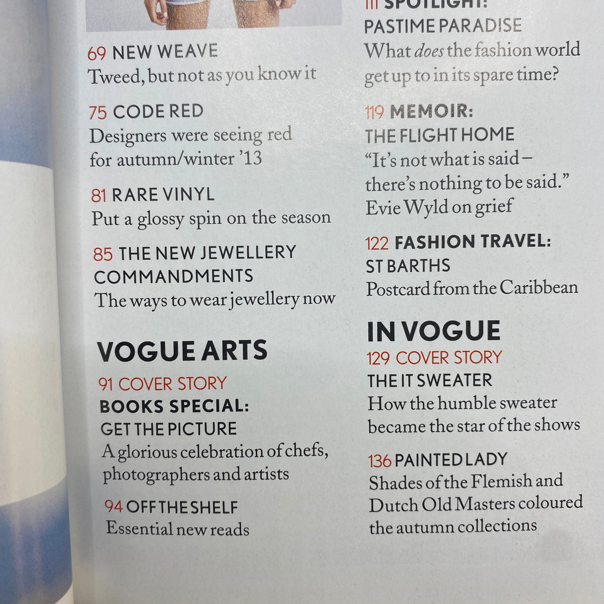 Vogue UK Magazine November 2013 Claire Danes Cover No Label VG featuring an editorial page highlighting fashion trends including 'New Weave' and 'Code Red'.