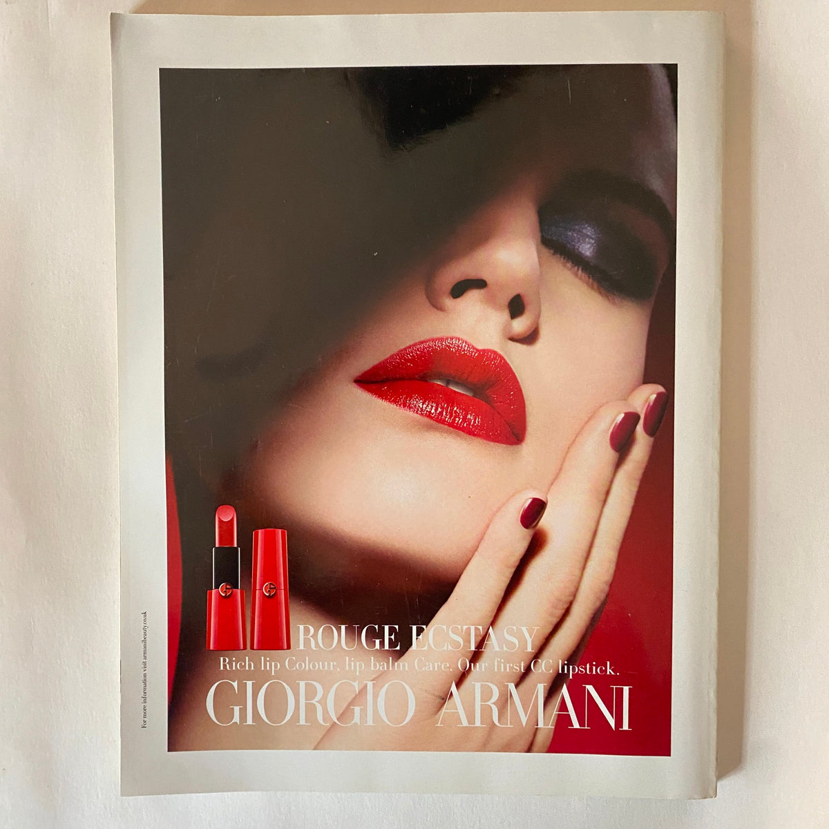 Vogue UK Magazine November 2013 Claire Danes Cover No Label VG featuring a Giorgio Armani advertisement for 'Rouge Ecstasy' lipstick, highlighting rich lip color and care.