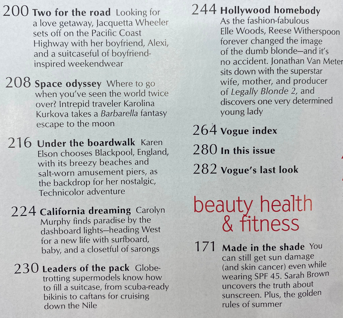 Content page from Vogue Magazine June 2003, detailing articles including 'Two for the Road' and 'Hollywood Homebody' with Reese Witherspoon.