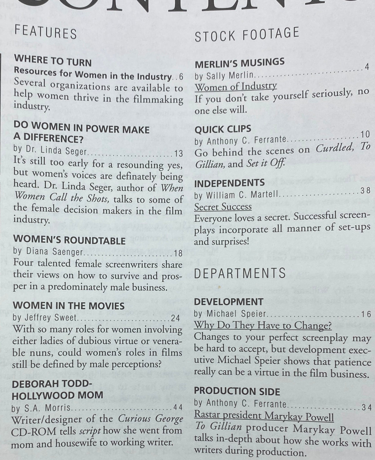 Table of contents from Script Magazine 1996 detailing features related to women in the film industry, including articles by Dr. Linda Seger and Diana Saenger.