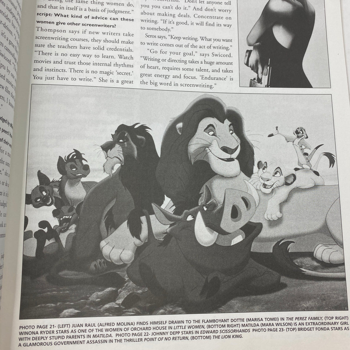 Page from Script Magazine 1996 showcasing illustrations and feature articles related to prominent films and screenwriting advice, part of the women in film special issue.