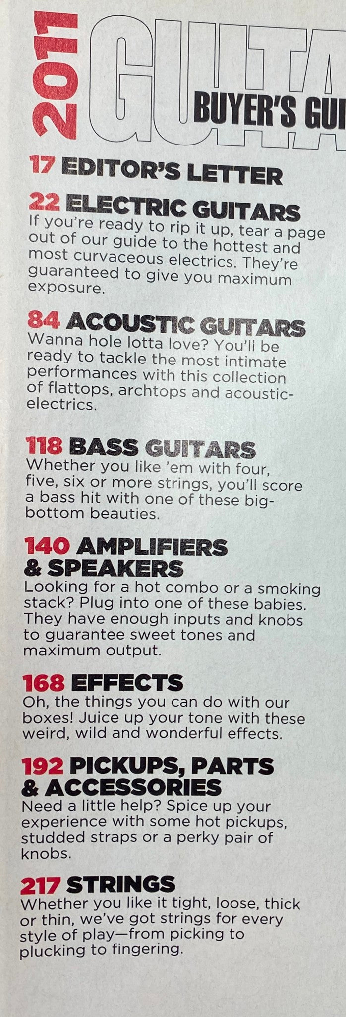 Inside page of Guitar Buyer's Guide Magazine 2011 highlighting contents such as Electric Guitars, Acoustic Guitars, and Bass Guitars.