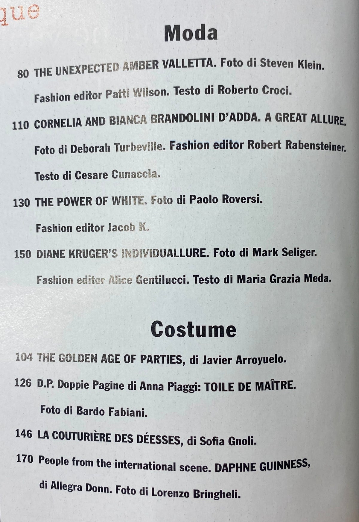 Interior page of Vogue Italia March 2009 showcasing articles including 'The Unexpected Amber Valletta' and 'Diane Kruger’s Individualure', with detailed photography and fashion editor contributions.