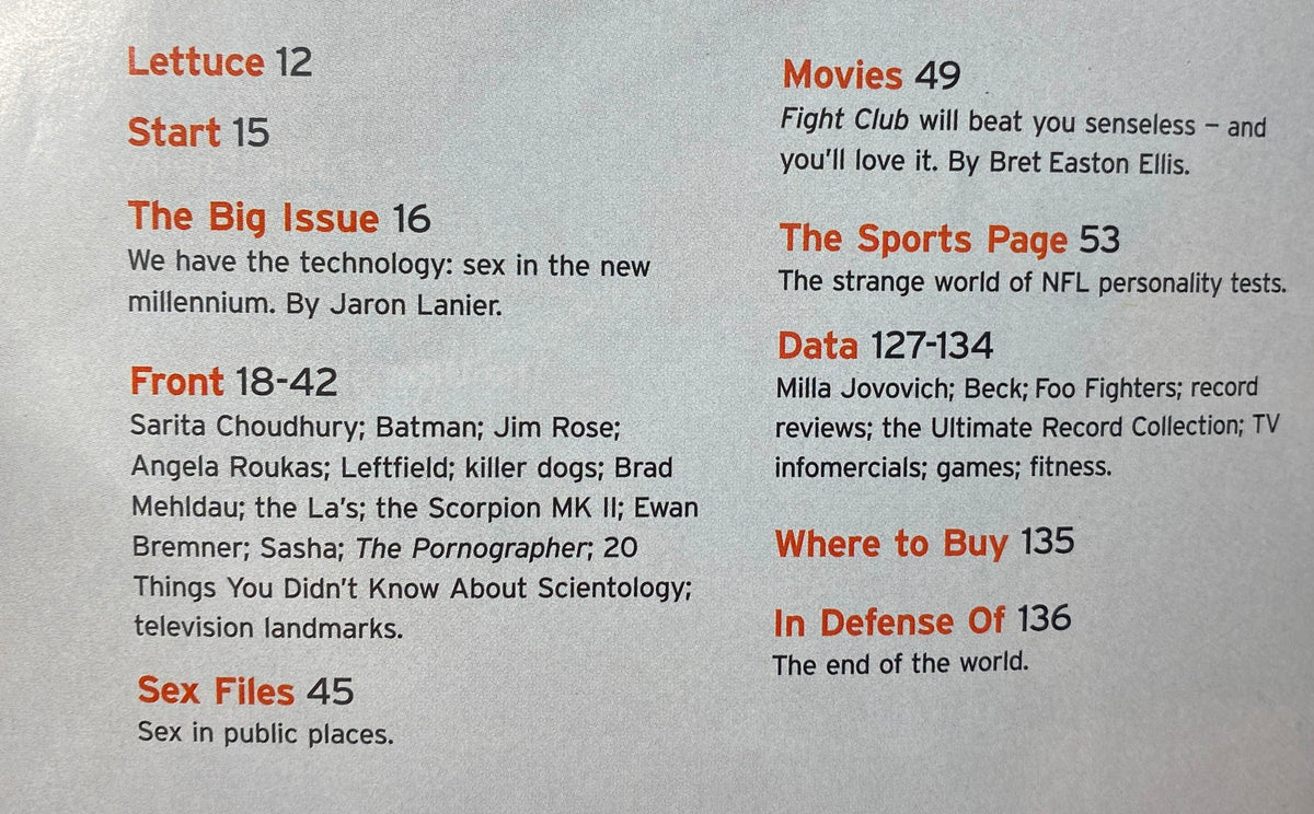Contents page of Gear Magazine December 1999, highlighting articles about movies, music, and cultural discussions from the late 90s.