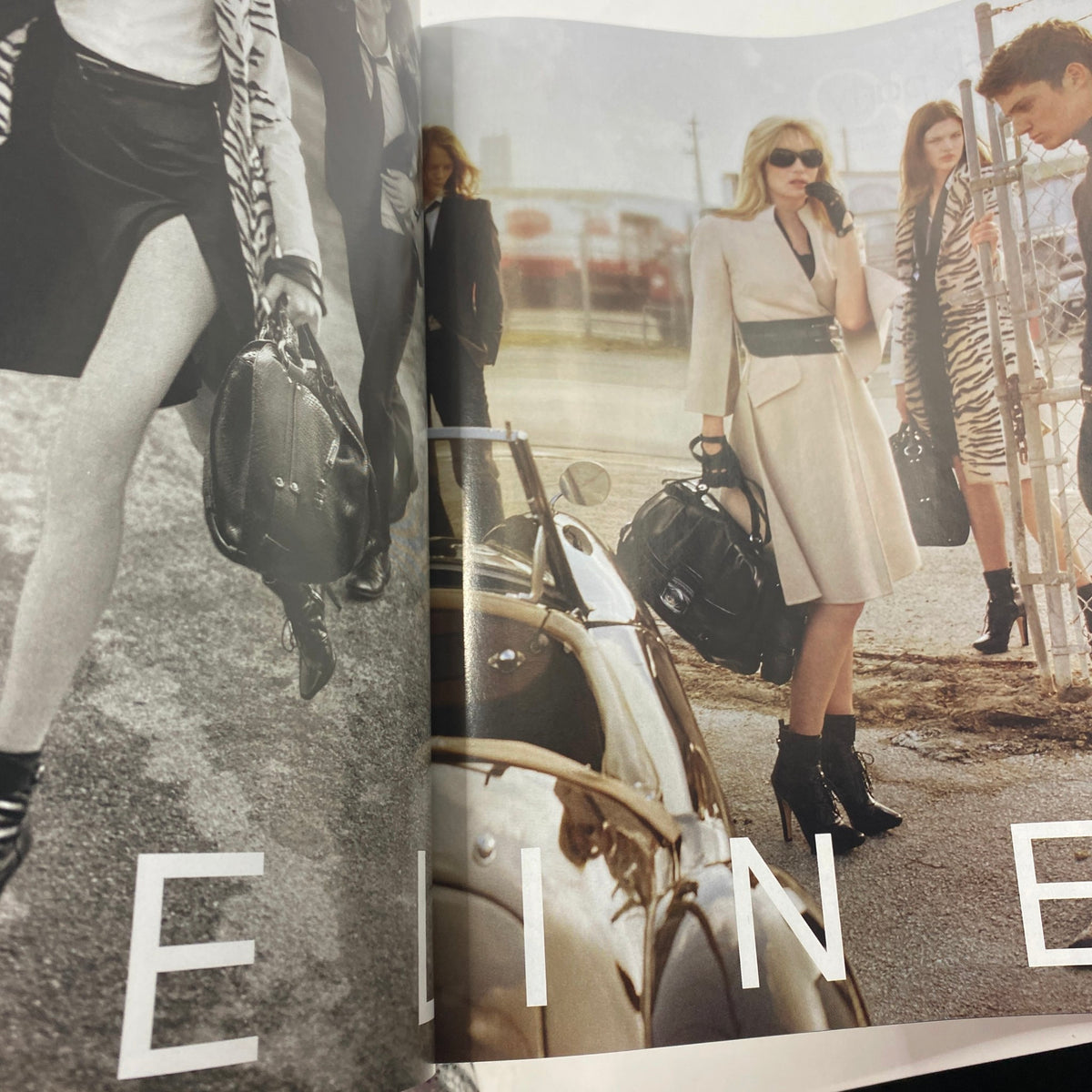 Black and white editorial spread from Elle Magazine August 2007 showcasing high fashion looks and models with chic accessories in an urban setting.