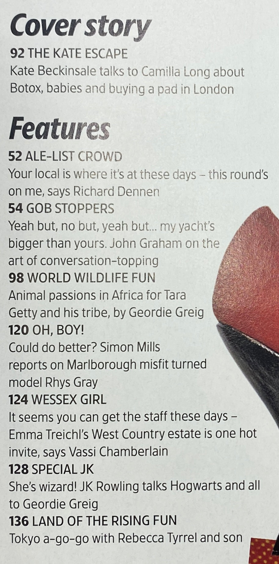 Table of contents from Tatler Magazine February 2006, featuring Kate Beckinsale's cover story 'The Kate Escape' along with other engaging features.