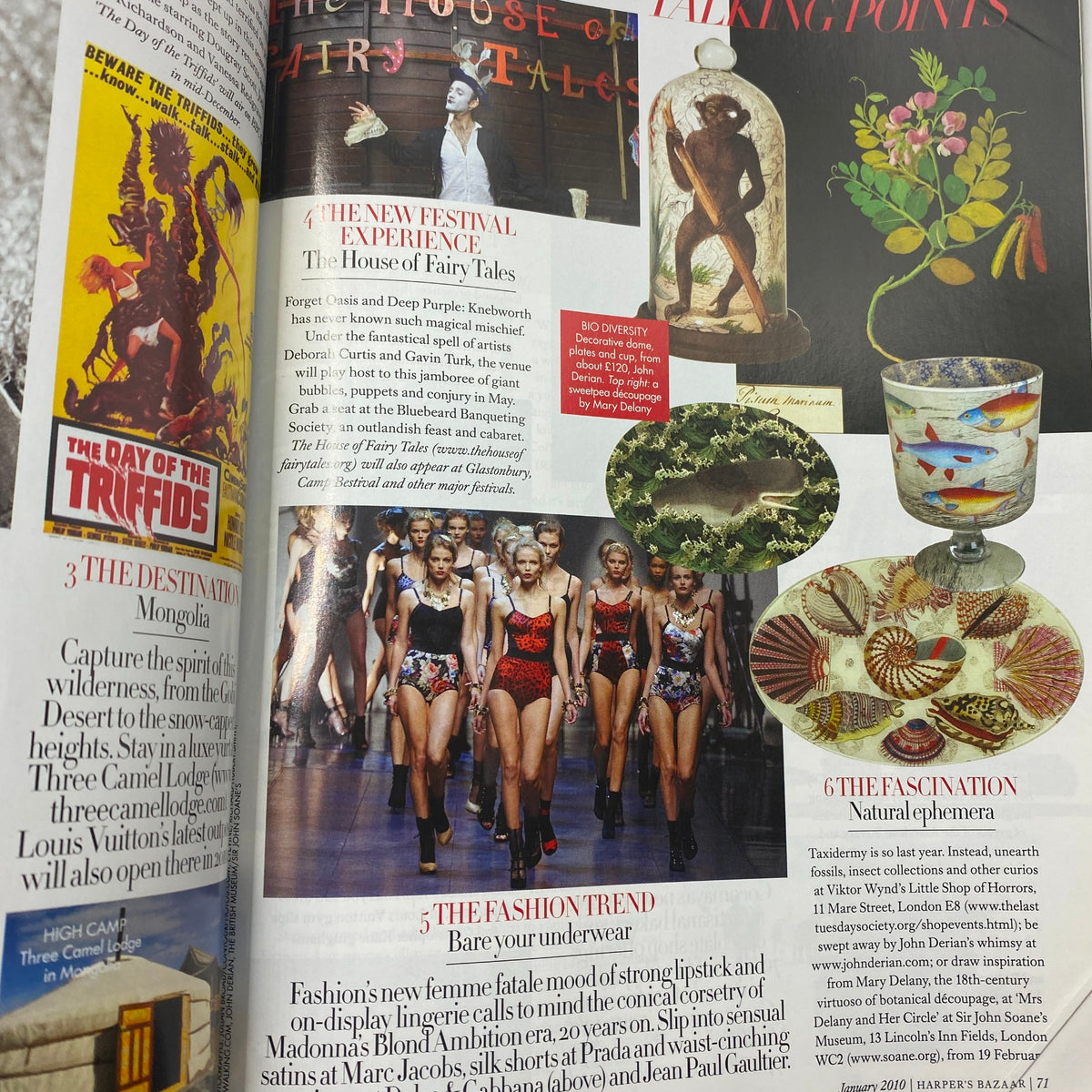 Page spread from Harper's Bazaar UK Magazine January 2010, highlighting upcoming fashion trends and features including interviews with notable figures.