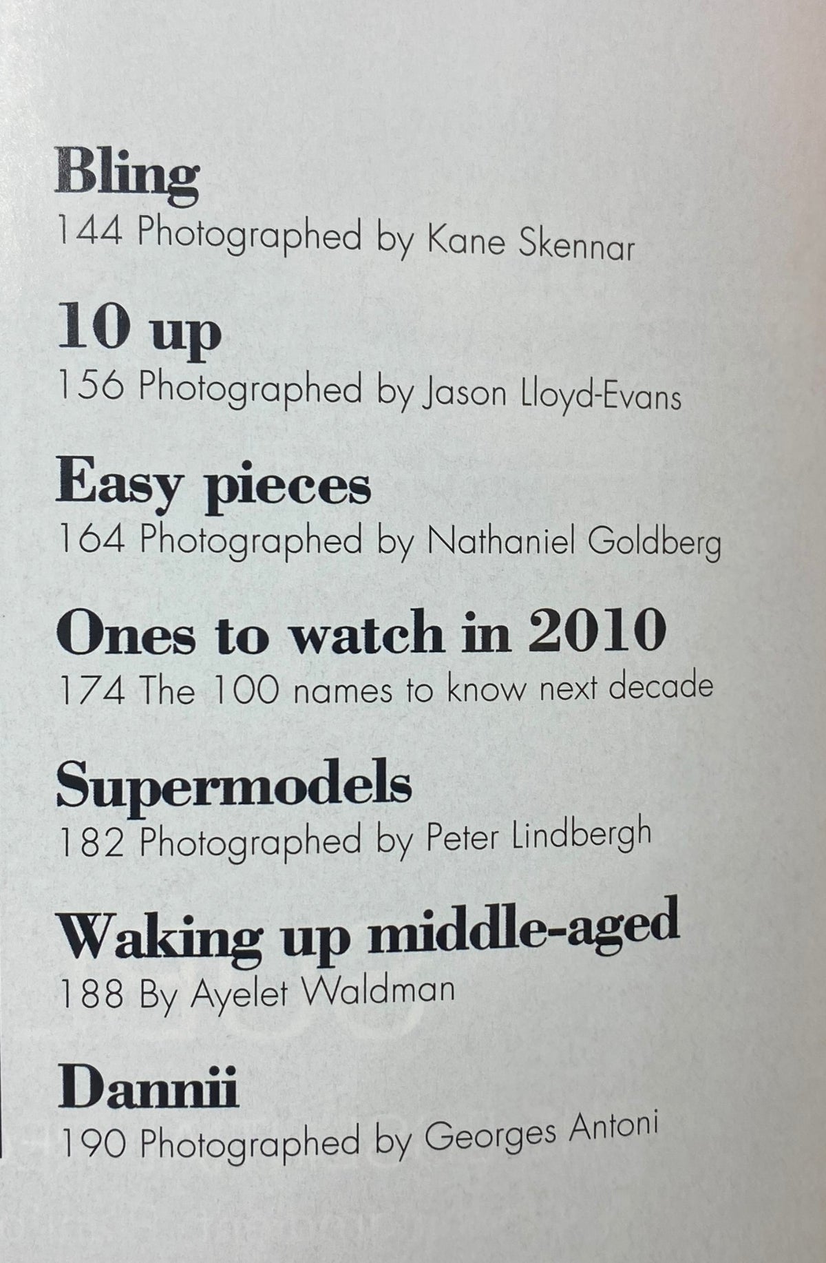 Table of contents page from Harper's Bazaar Australia Magazine January 2010, listing articles and features including 'Ones to watch in 2010' and photography credits.