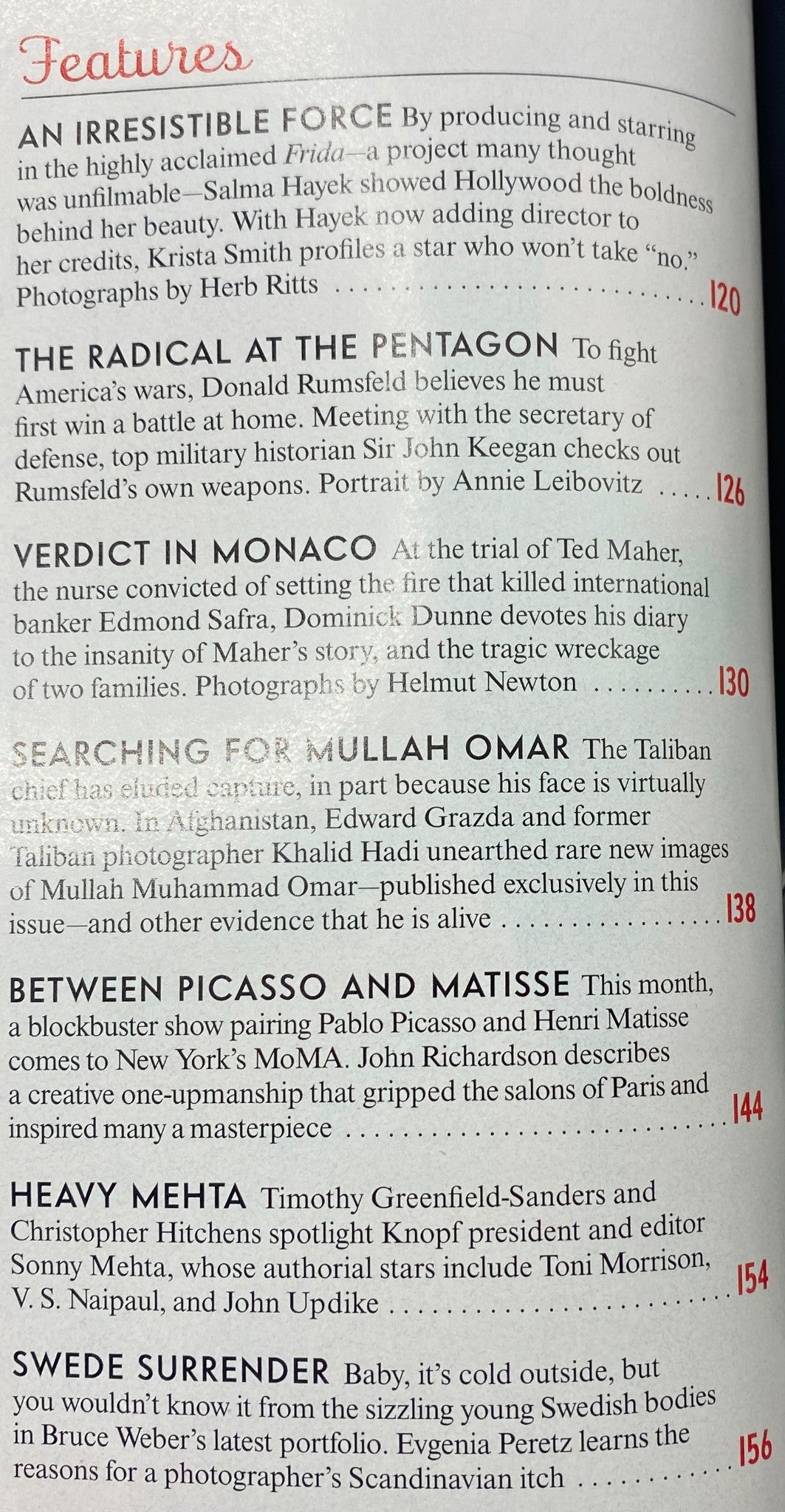 Inside page features from Vanity Fair Magazine February 2003, showcasing the article 'An Irresistible Force' highlighting Salma Hayek's impact during her role in the film 'Frida', with stunning photography by Herb Ritts.