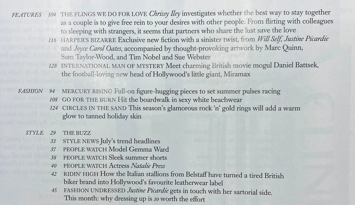 Interior page from Harper's Bazaar UK Magazine July 2006, listing articles including 'The Flings We Do for Love' and 'Harper’s Bizarre', highlighting summer fashion inspirations.