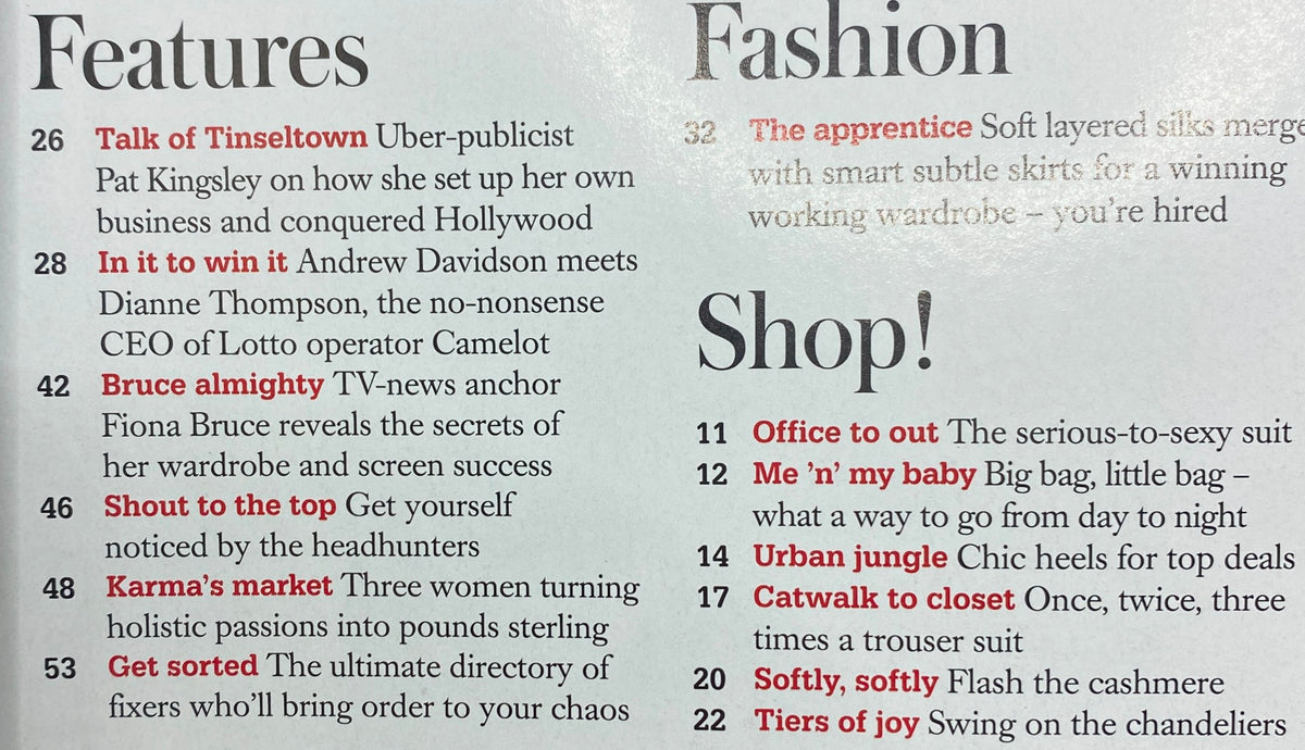 Inside pages of Harpers Business Magazine October 2005 highlighting features and fashion topics including insights on industry leaders and wardrobe styles.