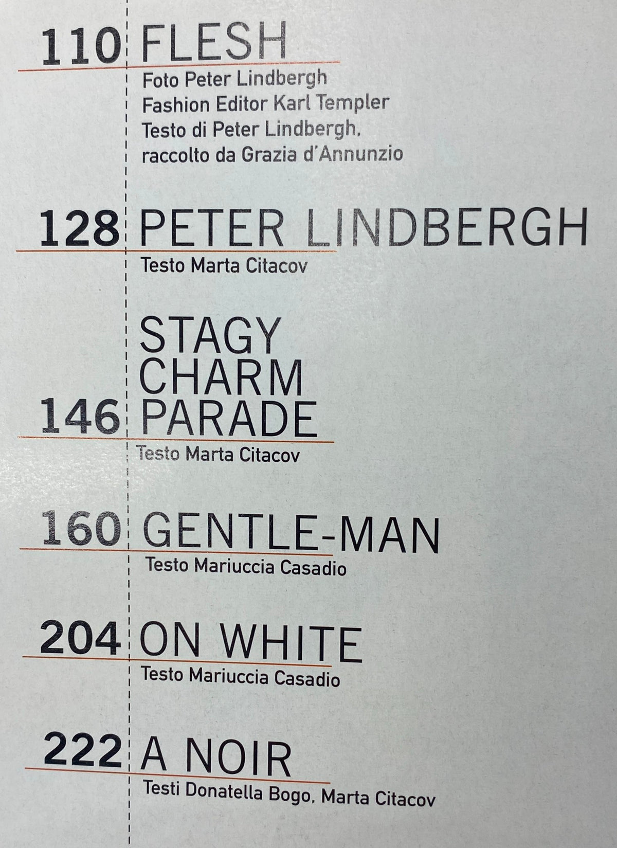 Table of contents from L'uomo Vogue Magazine March 1998 featuring articles like 'Flesh' and 'Peter Lindbergh'.