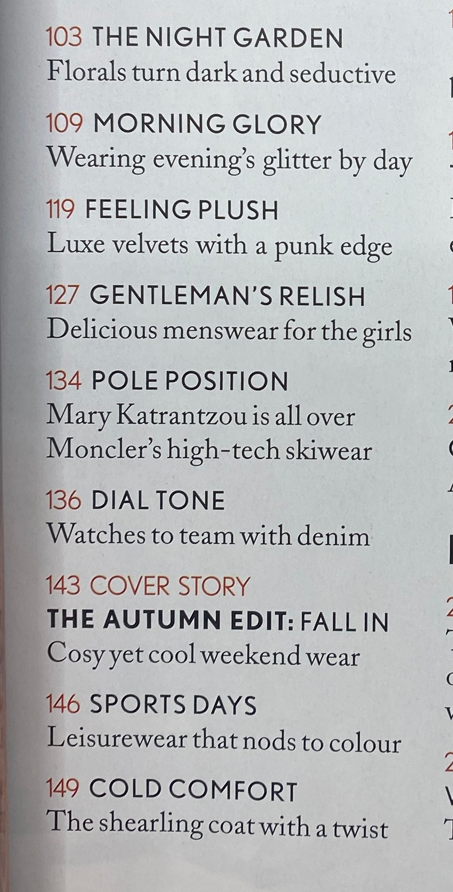 Page from Vogue UK Magazine October 2013 detailing fashion sections titled 'The Night Garden', 'Feeling Plush', 'Gentleman’s Relish', and more, emphasizing seasonal trends.