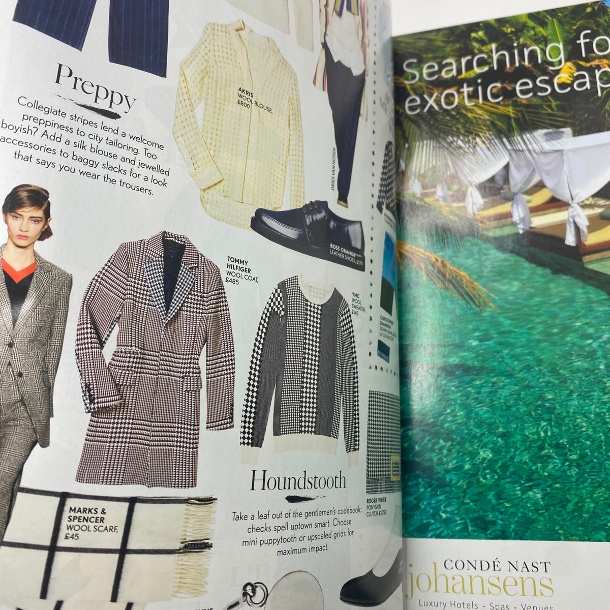 Stylish clothing spread in Vogue UK Magazine October 2013 showcasing preppy and houndstooth fashion styles, ideal for autumn wear.