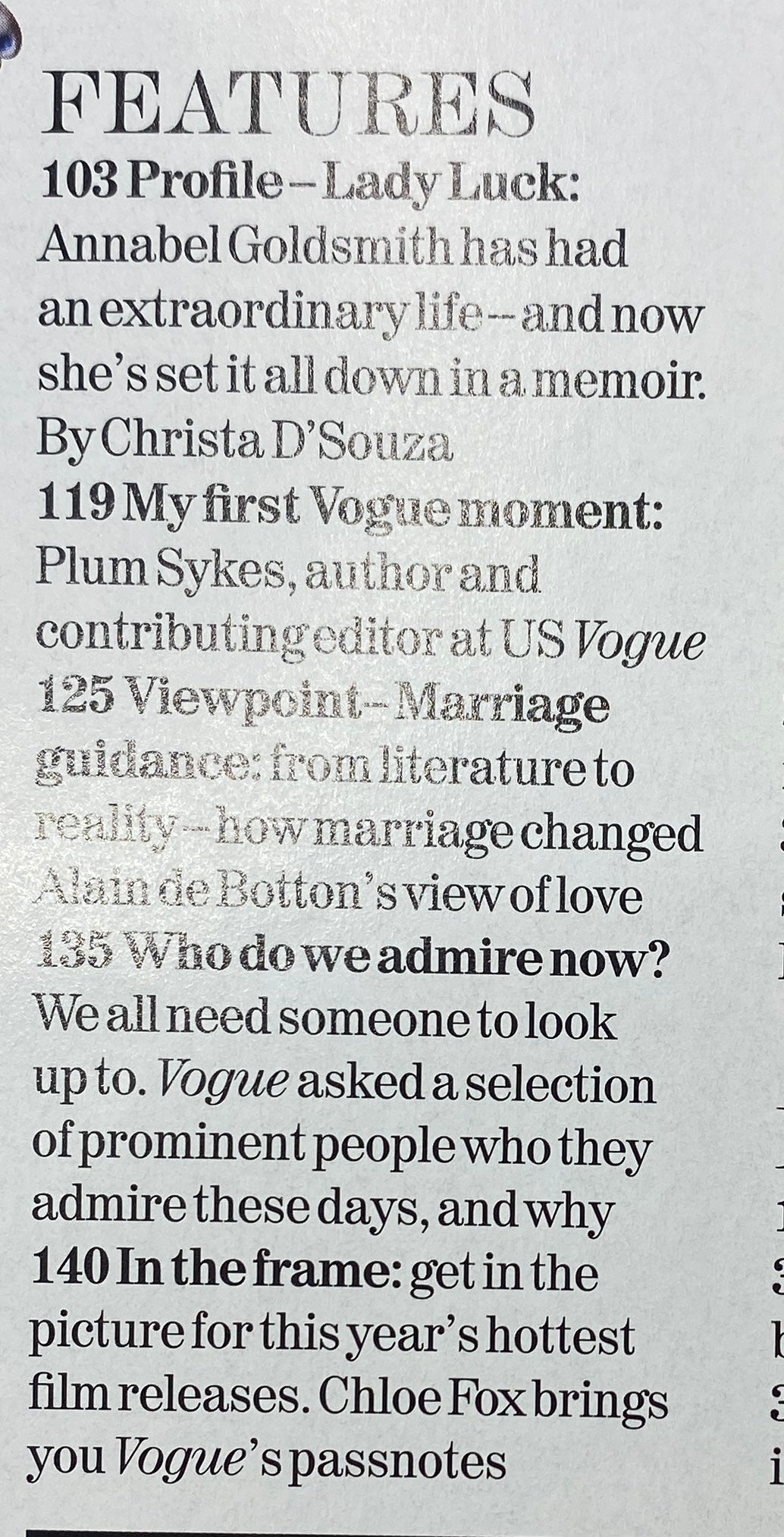 Close-up of the features section from Vogue UK Magazine April 2004 detailing articles such as profiles, fashion insights, and viewpoints on relationships, with emphasis on notable contributors.