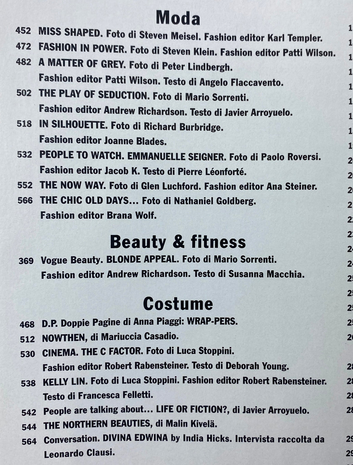 Editorial page from Vogue Italia Magazine October 2007 featuring a fashion spread titled 'Moda' with highlighted editorials and models, showcasing works of prominent photographers and fashion editors.