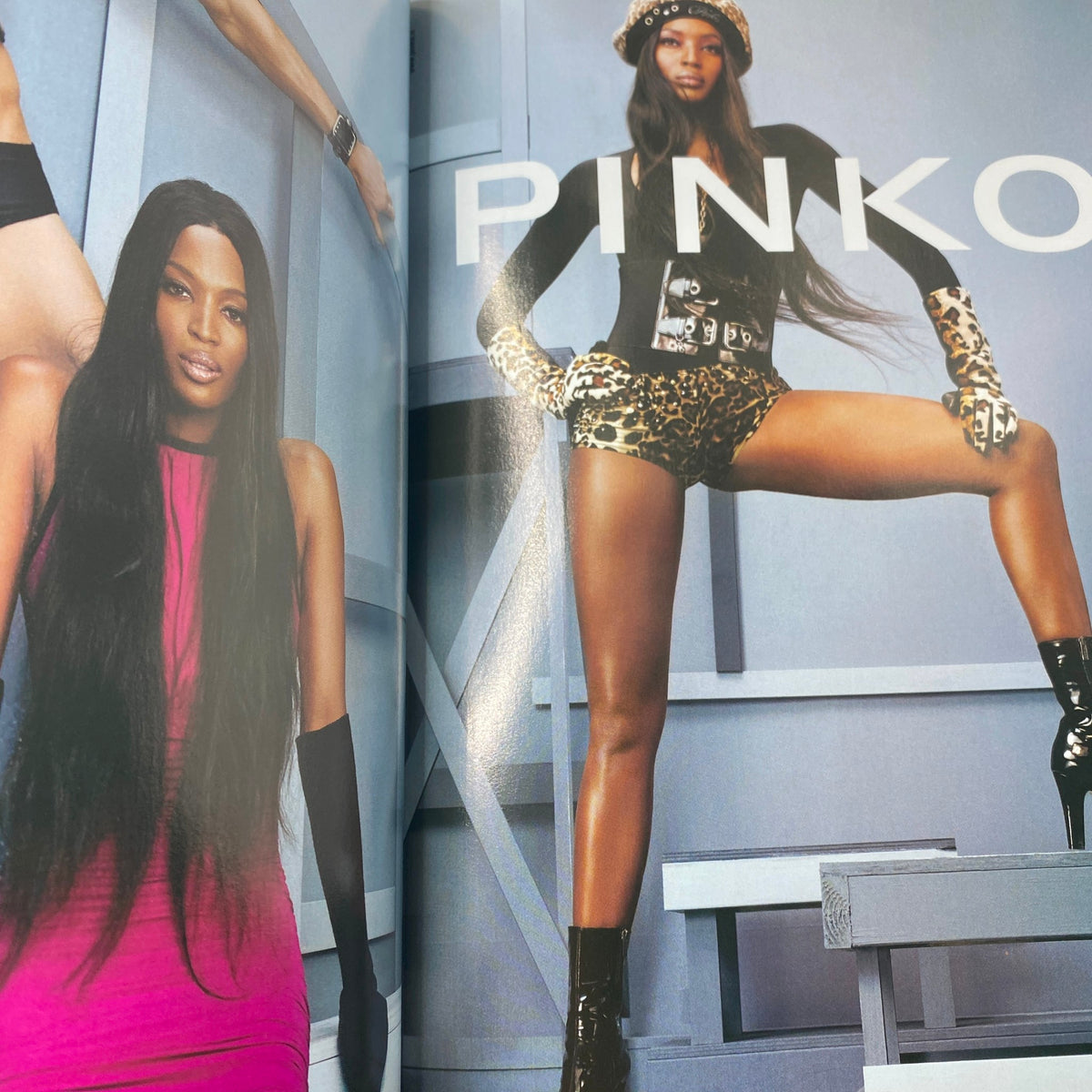 Fashion editorial featuring a model in pink attire and a leopard print outfit in Vogue Italia Magazine October 2007, illustrating the dynamic blend of styles for the 'Pinko' campaign.