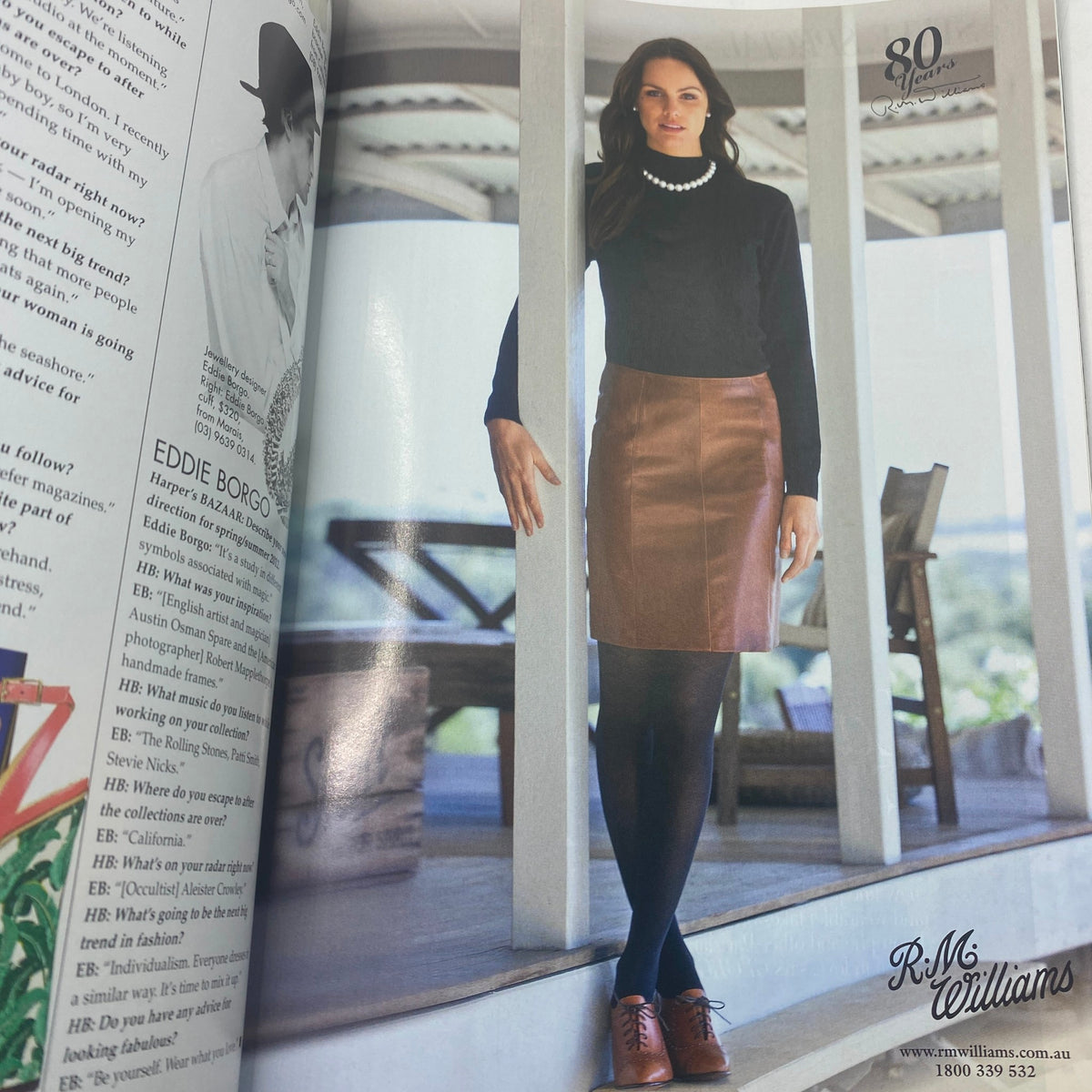 R.M. Williams advertisement in Harper's Bazaar Australia April 2012, displaying a model in stylish attire, contributing to vintage fashion insights in the magazine featuring Taylor Swift.