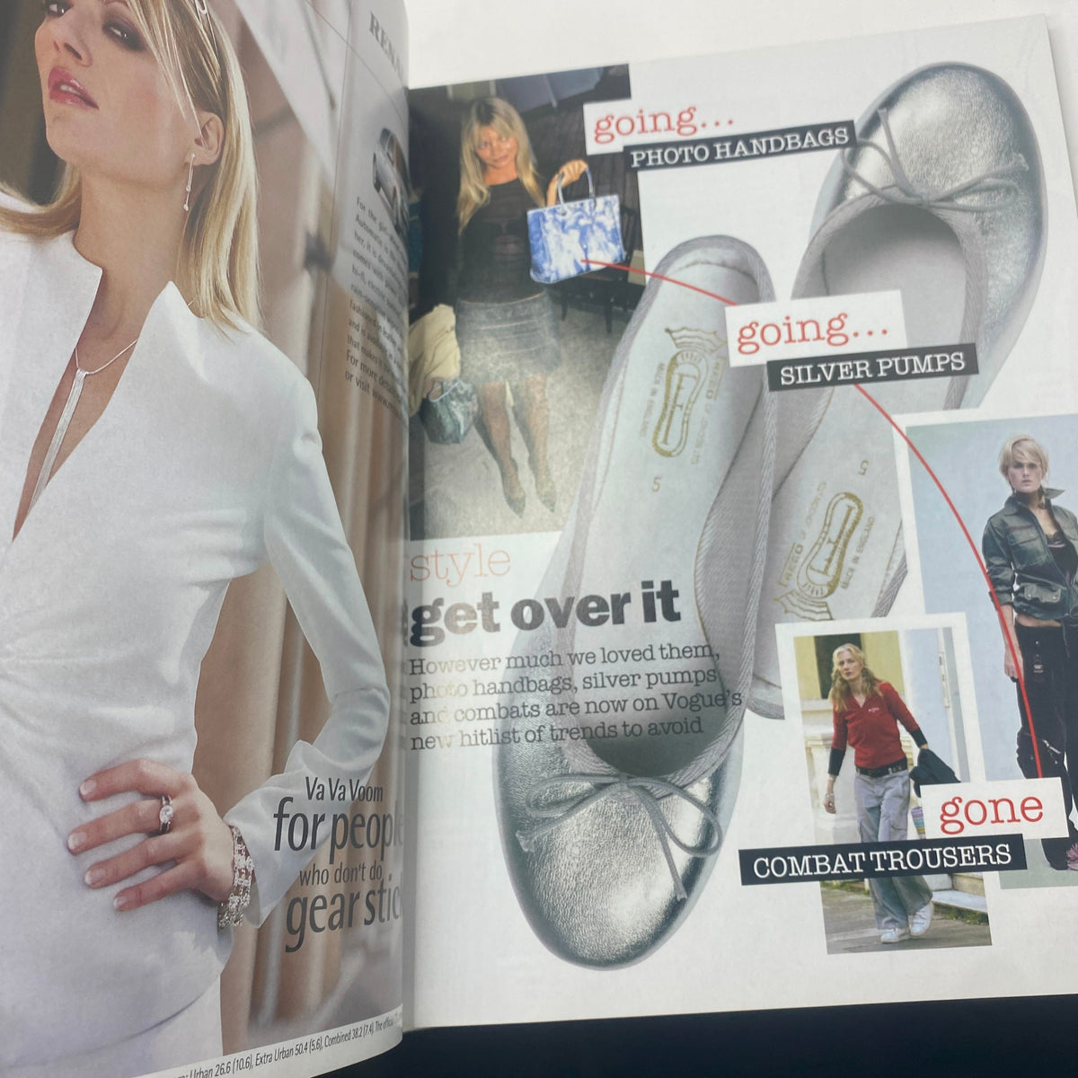 Fashion spread from Vogue Magazine October 2003, titled 'Get Over It', displaying stylish photo handbags and silver pumps while critiquing combat trousers.