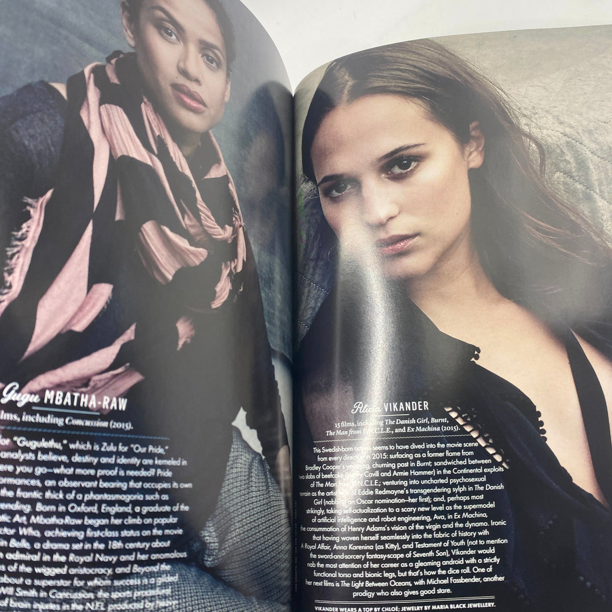 Vanity Fair Magazine 2016 double-page spread featuring Alicia Vikander and Viola Davis, accompanied by insightful commentary on contemporary film.