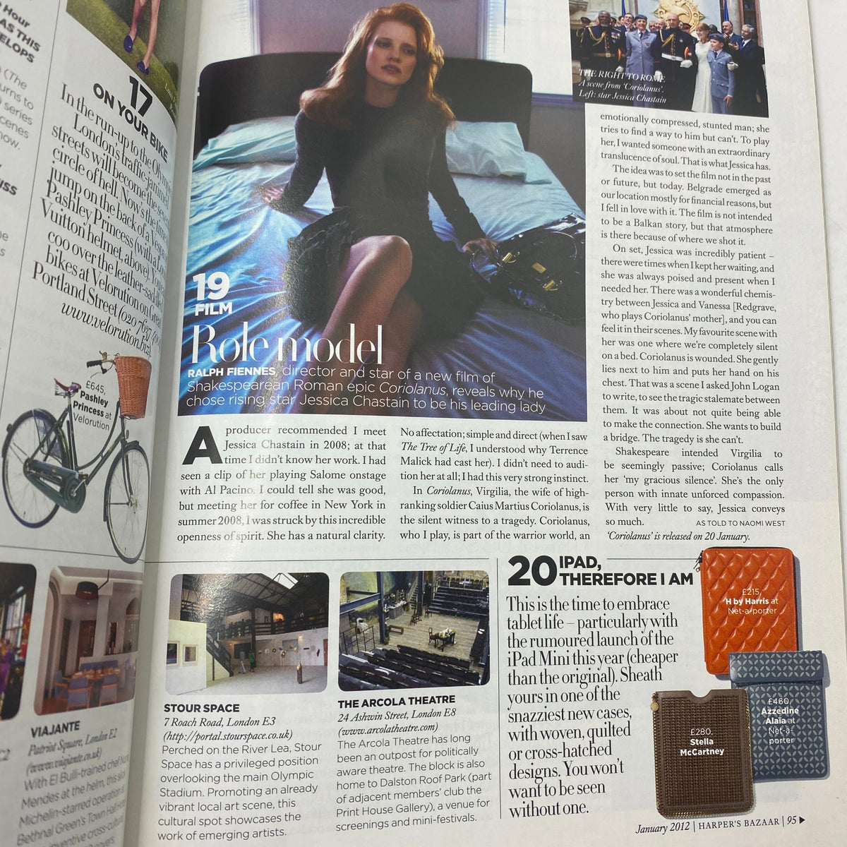 Article page from Harper's Bazaar UK Magazine January 2012 featuring actress Jessica Chastain discussing her film choices and fashion influence.