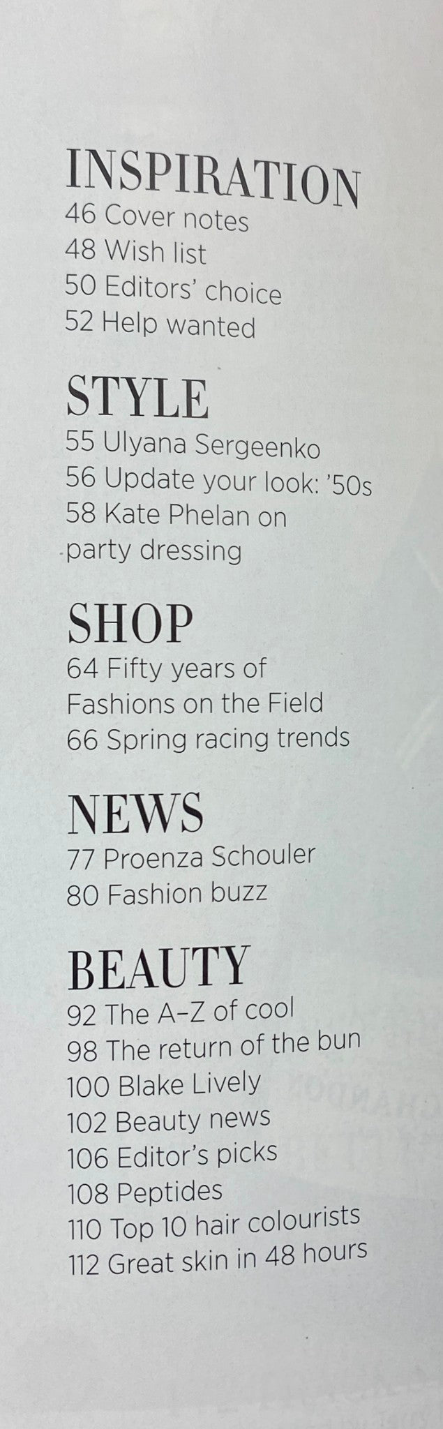 Table of contents from Harper's Bazaar Australia Magazine November 2012 listing articles on style, beauty, and fashion news.